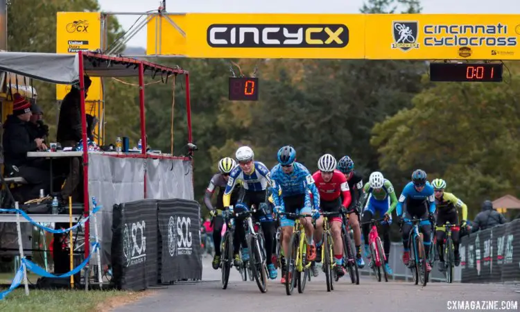 Lane Maher was patient, but made sure he was out front of any first lap chaos. Junior Men, 2017 Cincinnati Cyclocross, Day 2, Harbin Park. © Cyclocross Magazine