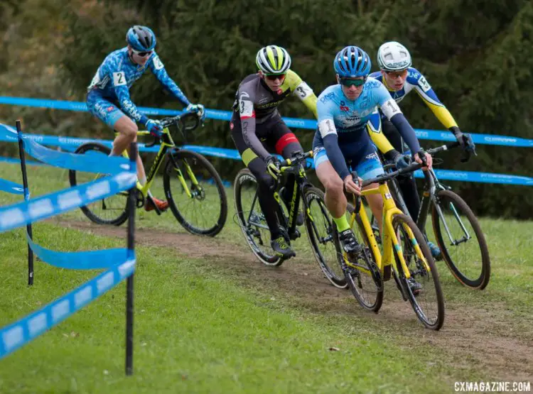 Ben Gomez Villafane leads his best friend Alex Morton, along with Greg Gunsalus and Lane Maher. Junior Men, 2017 Cincinnati Cyclocross, Day 2, Harbin Park. © Cyclocross Magazine