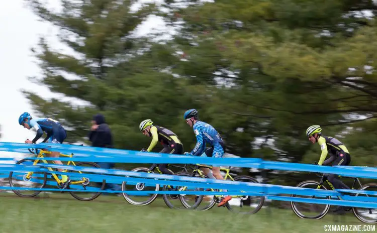 The lead group ascends to the course's highest point, with Gomez Villafane dictating the pace. Junior Men, 2017 Cincinnati Cyclocross, Day 2, Harbin Park. © Cyclocross Magazine