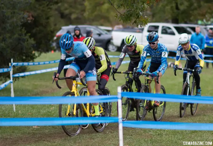 With one lapt to go, the lead group ascends the long climb for the penultimate time. Lane Maher, Day 1 winner, holding the flats of his bar, looks at ease. Junior Men, 2017 Cincinnati Cyclocross, Day 2, Harbin Park. © Cyclocross Magazine