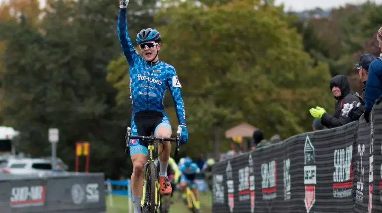 Lane Maher charged up the final climb to make it four UCI wins in a row. Junior Men, 2017 Cincinnati Cyclocross, Day 2, Harbin Park. © Cyclocross Magazine