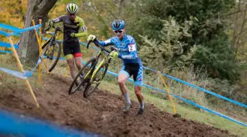 Sam Noel catches Lane Maher in the Junior Men's race. 2017 Cincinnati Cyclocross, Day 1. © Cyclocross Magazine