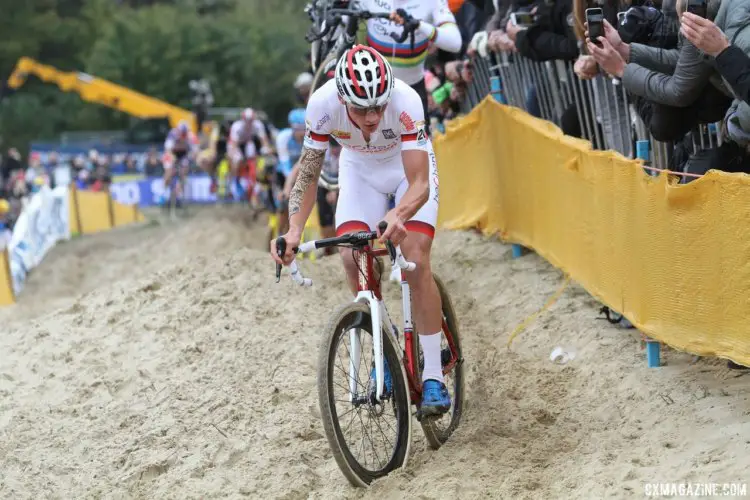 Mathieu van der Poel (Beobank Corendon) rode sections of sand others had to run. 2017 World Cup Koksijde. © B. Hazen / Cyclocross Magazine