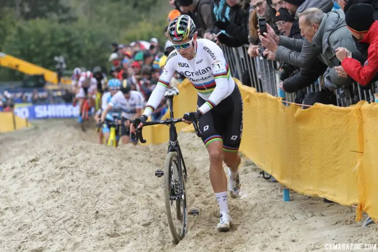 Wout van Aert (Crelan-Charles) runs the sand in his rival's wake. 2017 World Cup Koksijde. © B. Hazen / Cyclocross Magazine