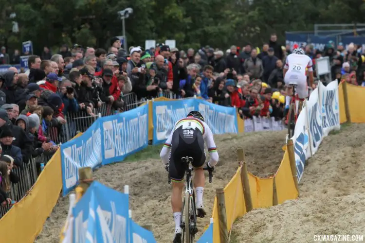 Wout van Aert (Crelan-Charles) tries to chase down Mathieu van der Poel (Beobank-Corendon). 2017 World Cup Koksijde. © B. Hazen / Cyclocross Magazine