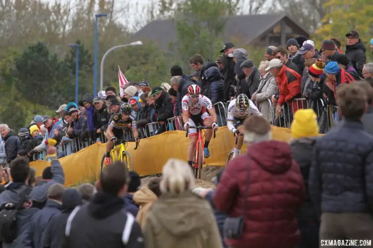 Wout van Aert (Crelan-Charles), Laurens Sweeck (ERA-Circus) and Lars van der Haar (Telenet Fidea Lions) battle for position. 2017 World Cup Koksijde. © B. Hazen / Cyclocross Magazine