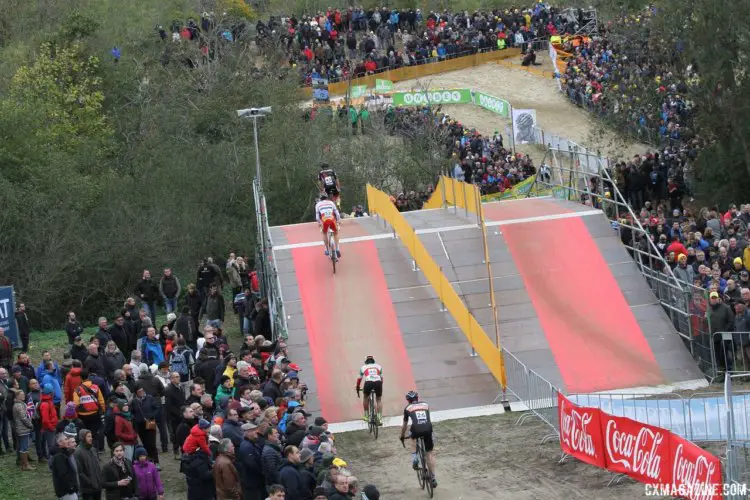 Riders tackle the flyover. 2017 World Cup Koksijde. © B. Hazen / Cyclocross Magazine