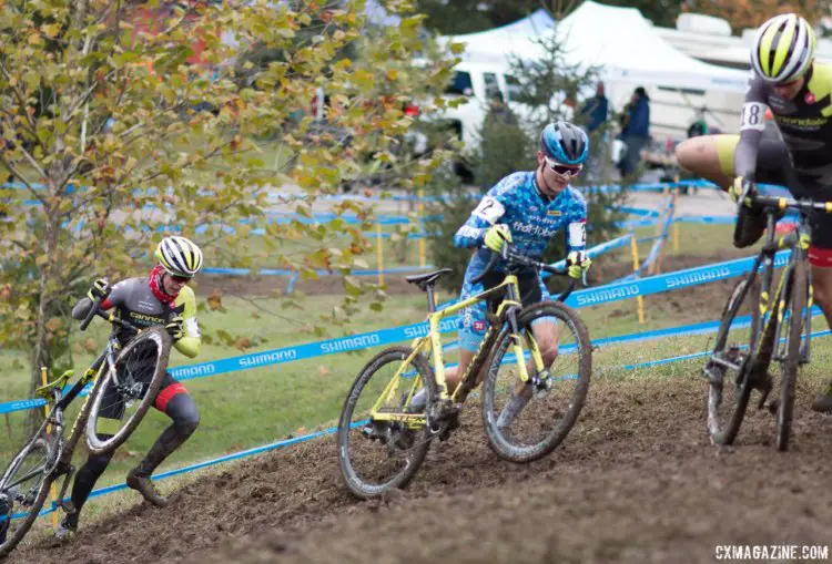 Alex Morton, Lane Maher and Sam Noel battle on the muddy course on Day 1 of the 2017 Cincinnati Cyclocross weekend. © A. Yee / Cyclocross Magazine