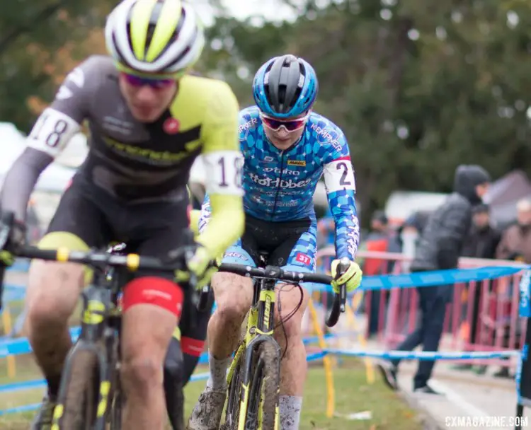 Lane Maher battled against two Cannondale p/b Cyclocrossworld.com rivals on Saturday. © A. Yee / Cyclocross Magazine