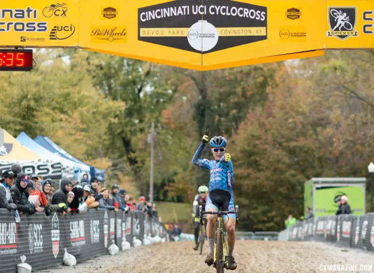 Lane Maher celebrates his win on Day 1 of the Cincinnati UCI weekend. © A. Yee / Cyclocross Magazine