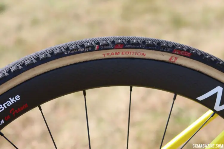 Chainel opted for 33mm Challenge Chicane tubular file treads in the dry and dusty conditions at Waterloo. Lucie Chainel's Canyon Inflite, 2017 World Cup Waterloo. © Z. Schuster / Cyclocross Magazine