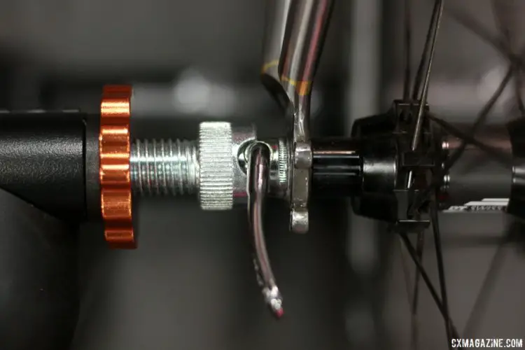 Minoura's new wheel-on Kogura Smart Trainer will work with QR or thru axles. Interbike 2017 © Cyclocross Magazine