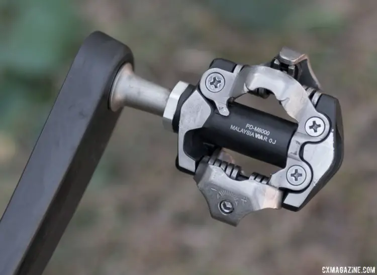 Shimano M8000 pedals are a common sight on pro bikes. Rebecca Fahringer's Scott Addict CX with tubeless Maxxis tires. © Cyclocross Magazine