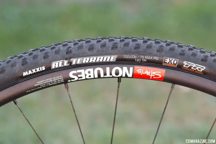 Rebecca Fahringer's Scott Addict CX rolls on three different tubeless Maxxis tires: All Terrane, Speed Terrane and Mud Wrestler. Rebecca Fahringer's Scott Addict CX with tubeless Maxxis tires. © Cyclocross Magazine