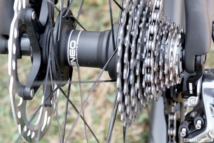 Fahringer opts for an 11-30t Dura-Ace Cassette paired with the 46/36 front chain rings. The hub on her wheels is the Neo Ultimate. Rebecca Fahringer's Scott Addict CX with tubeless Maxxis tires. © Cyclocross Magazine