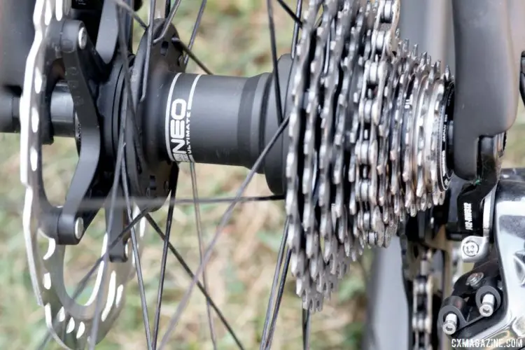 Fahringer opts for an 11-30t Dura-Ace Cassette paired with the 46/36 front chain rings. The hub on her wheels is the Neo Ultimate. Rebecca Fahringer's Scott Addict CX with tubeless Maxxis tires. © Cyclocross Magazine