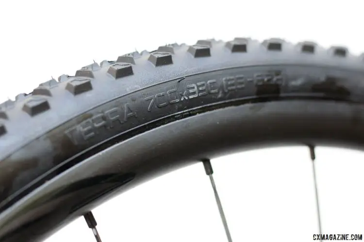 Even though the C is in the wrong place, the Terra 700x33C, with a 700c diameter and 33mm width, should offer plenty of volume on wider rims. © Cyclocross Magazine