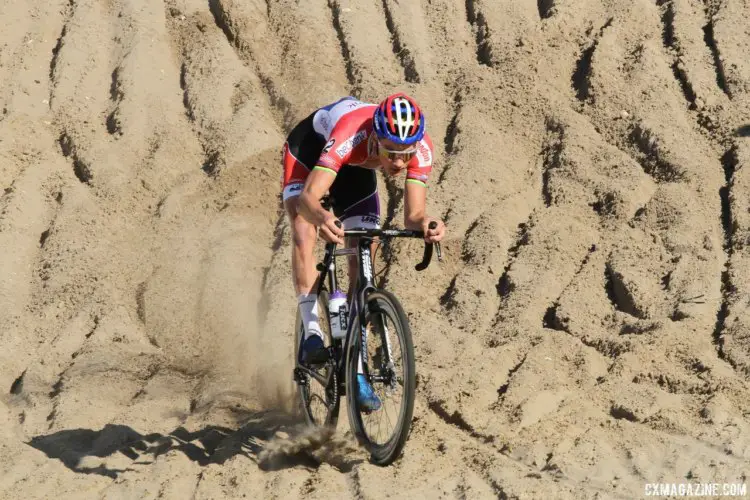 Mathieu van der Poel tries to maintain control in hte sand. 2017 Superprestige Zonhoven. © B. Hazen / Cyclocross Magazine