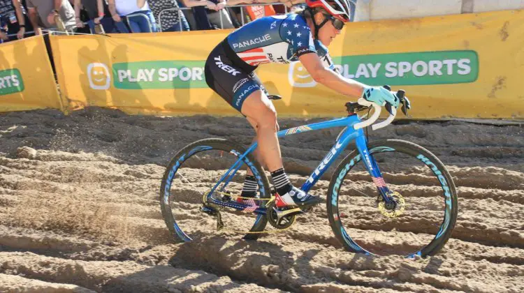 Katie Compton (KFC Racing p/b Trek/Knight Composites) rips through the thick sand. 2017 Superprestige Zonhoven. © B. Hazen / Cyclocross Magazine