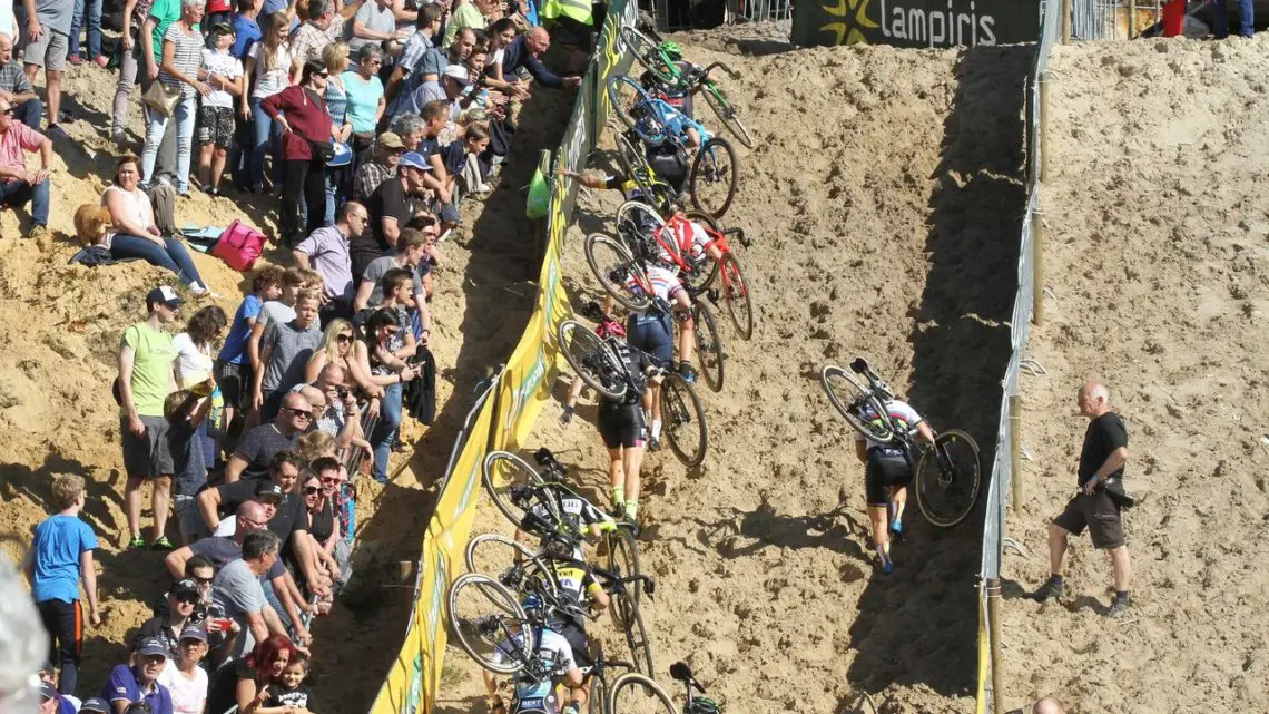 Sanne Cant (Beobank-Corendon) takes her own line up the run-up. 2017 Superprestige Zonhoven. © B. Hazen / Cyclocross Magazine