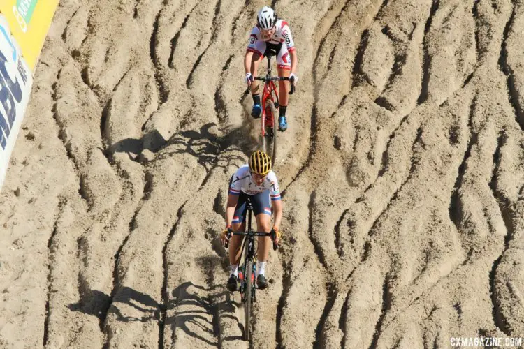 Annemarie Worst (ERA-Circus) follows Nikki Brammeier (Boels-Dolmans) into De Kuil early in the race. 2017 Superprestige Zonhoven. © B. Hazen / Cyclocross Magazine