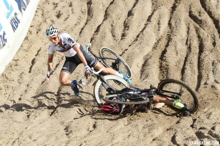 Sanne Cant gets airborne after a rider in front of her took a dive. 2017 Superprestige Zonhoven. © B. Hazen / Cyclocross Magazine