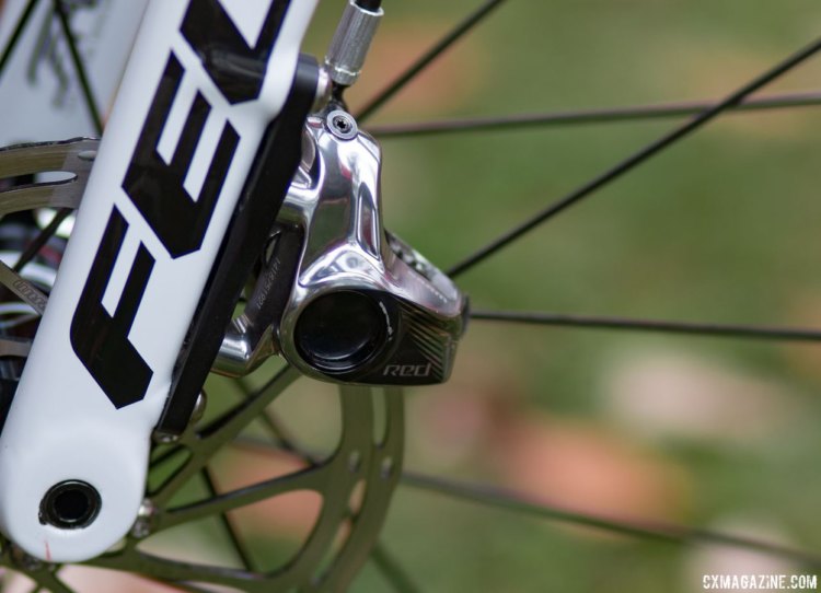 The front brake on Van Aert's bike is the SRAM Red HRD flat-mount disc with a 140mm rotor. Wout van Aert's carbon Felt cyclocross bike. © Cyclocross Magazine