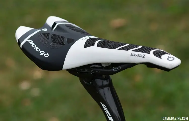 Wout is keeping it carbon in the saddle and seatpost. Prologo Scratch2 Nack carbon saddle and Zipp SL Speed carbon seat post. Wout van Aert's carbon Felt cyclocross bike. © Cyclocross Magazine