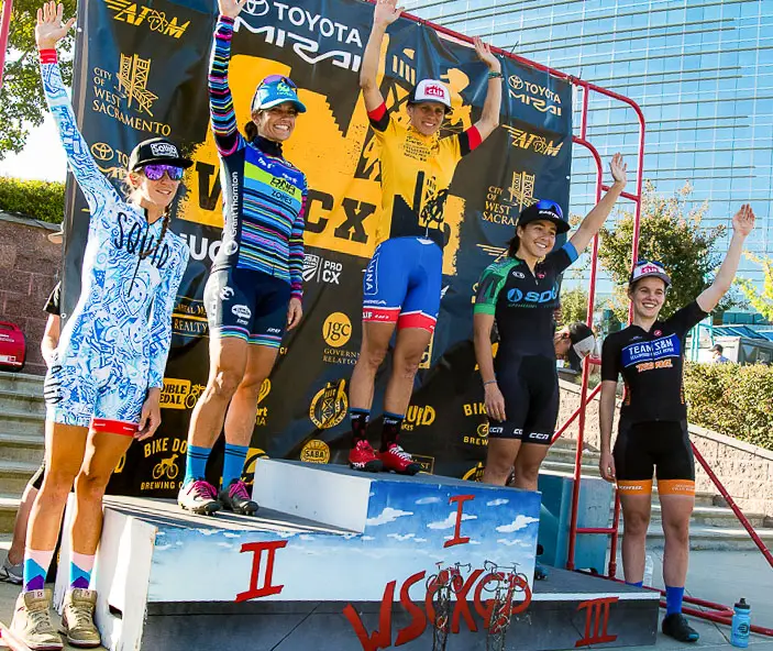 Elite women podium: 1- Katerina Nash, 2-Courtenay McFadden, 3-Amanda Naumann, 4- Samantha Runnels and 5-Clara Honsinger. WSCXGP Day 2. photo: Peloton Sports
