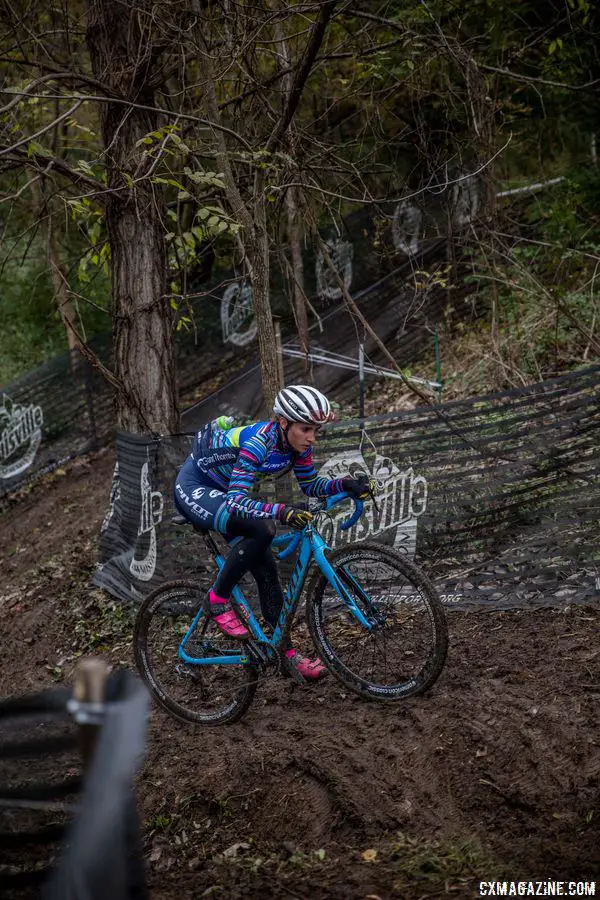 Sofia Gomez-Villafane stares down the deep rut, her last obstacle before the finishing straight. 2017 Derby City Cup. © D. Perker / Cyclocross Magazine