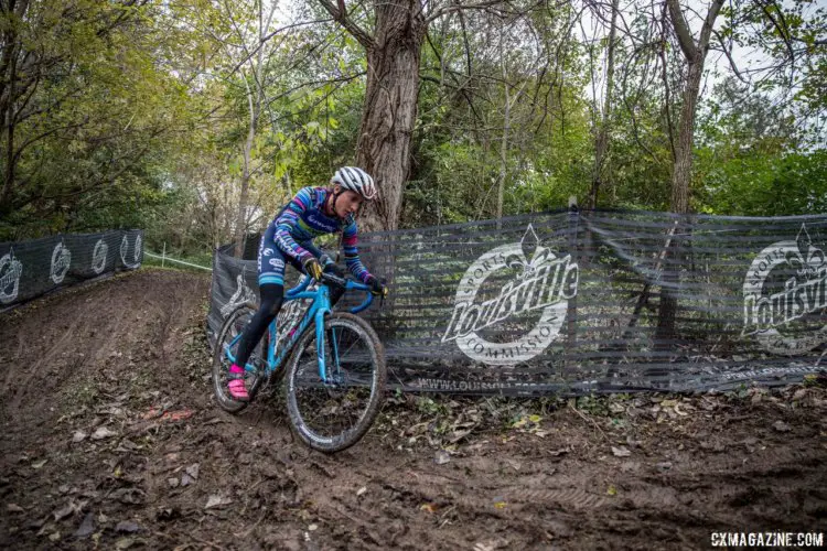 Sofia Gomez-Villafane tries the high line close to the tree. 2017 Derby City Cup. © D. Perker / Cyclocross Magazine