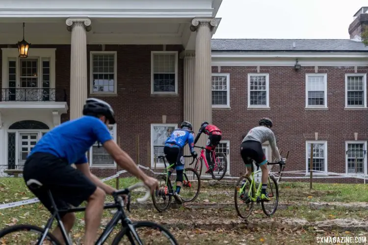 Amateur riders take different lines into the limestone steps in front of the Parks Department mansion. 2017 Derby City Cup. © D. Perker / Cyclocross Magazine