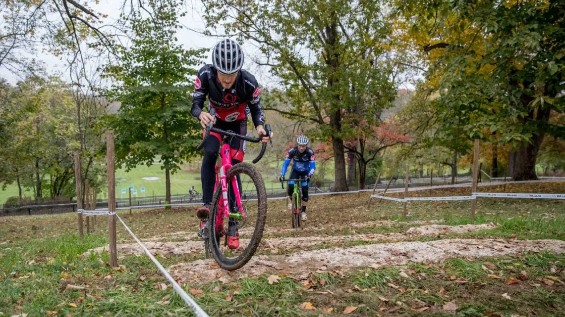 Tristan Cowie uses english to ride the limestone stairs. 2017 Derby City Cup. © D. Perker / Cyclocross Magazine