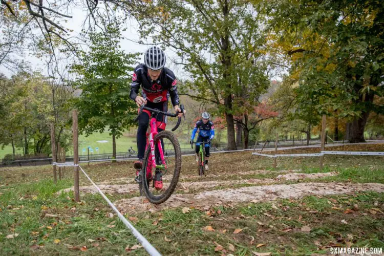 Tristan Cowie uses english to ride the limestone stairs. 2017 Derby City Cup. © D. Perker / Cyclocross Magazine