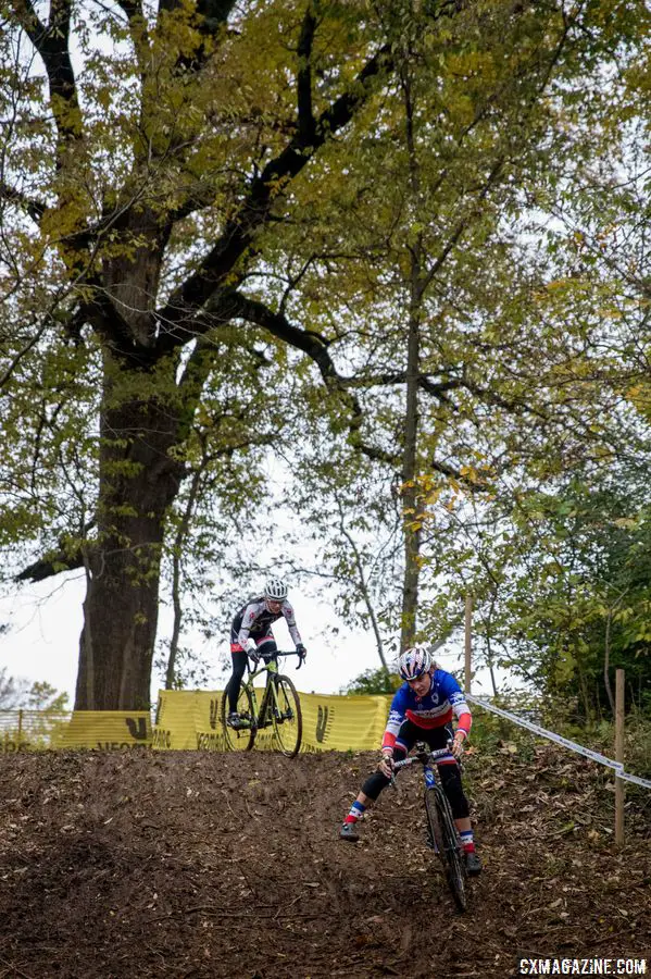 Caroline Mani styles her way around the right-hand turn at the bottom of the steep descent. 2017 Derby City Cup. © D. Perker / Cyclocross Magazine