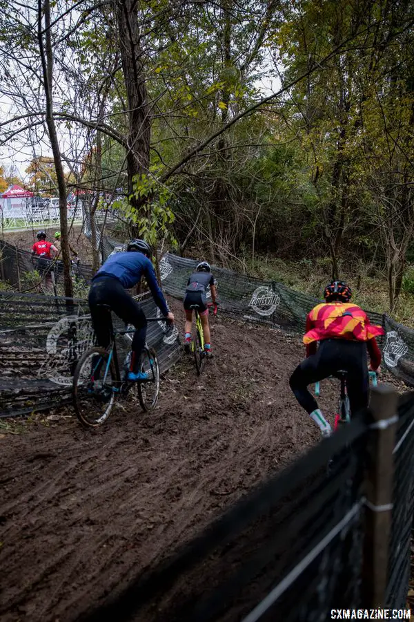 Go high or go low, riders have a choice in the last technical section. 2017 Derby City Cup. © D. Perker / Cyclocross Magazine