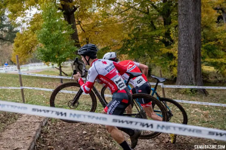 Michael van den Ham and Jamie Driscoll run up the limestone steps. 2017 Derby City Cup. © D. Perker / Cyclocross Magazine