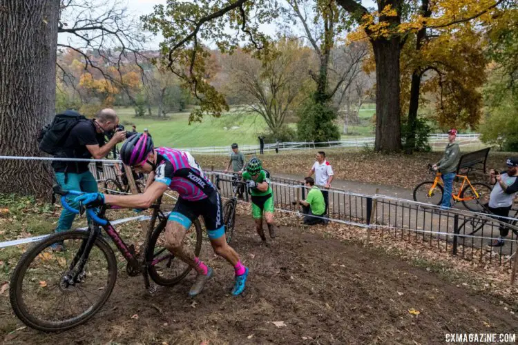 Kerry Werner, Gage Hecht and Tobin Ortenblad were in a group after Hecht's flat. 2017 Derby City Cup. © D. Perker / Cyclocross Magazine