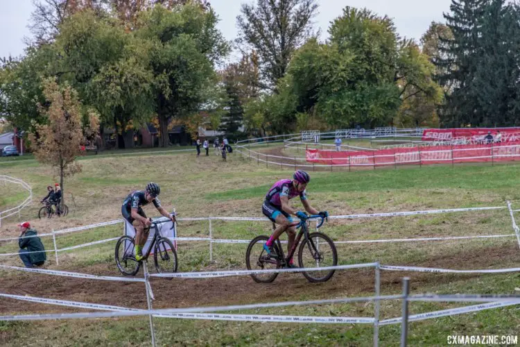 Tobin Ortenblad and Kerry Werner battled for third for much of the race. 2017 Derby City Cup. © D. Perker / Cyclocross Magazine