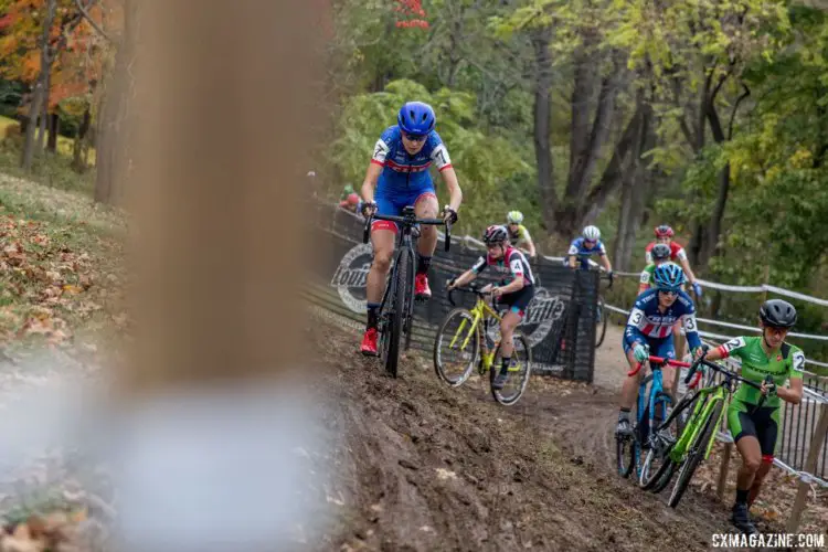 Maghalie Rochette goes high on the off-camber while leading in the first lap. 2017 Derby City Cup. © D. Perker / Cyclocross Magazine