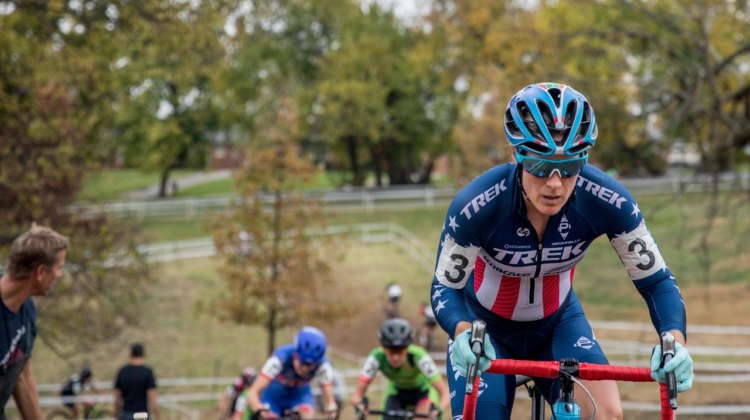 Katie Compton pushed the pace on the first-lap climbs and established a gap with Kaitie Keough. 2017 Derby City Cup. © D. Perker / Cyclocross Magazine