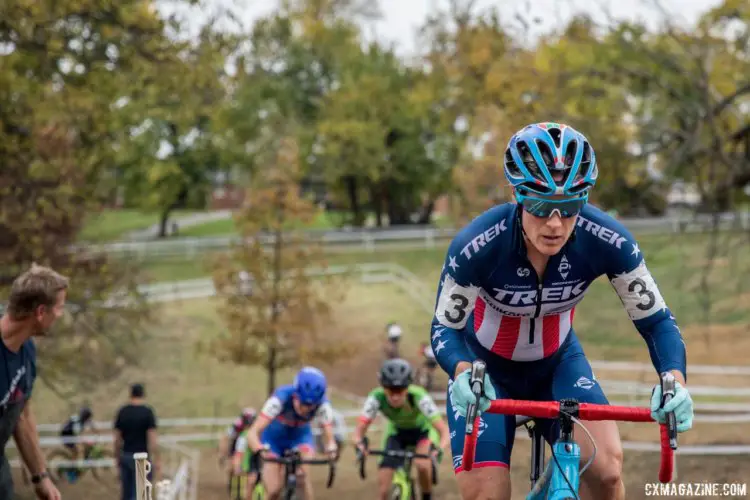 Katie Compton pushed the pace on the first-lap climbs and established a gap with Kaitie Keough. 2017 Derby City Cup. © D. Perker / Cyclocross Magazine