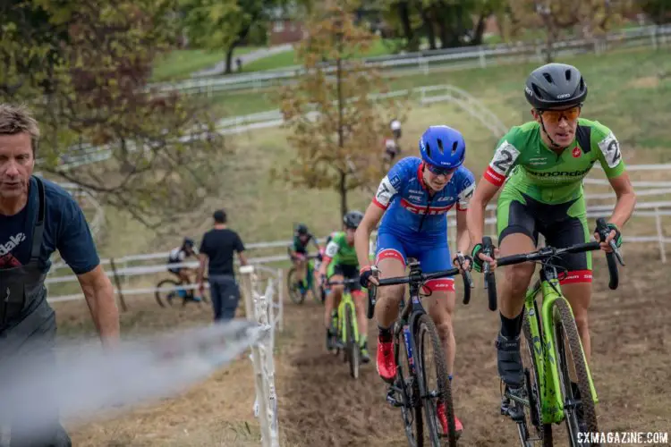 Kaitie Keough and Maghalie Rochette try to chase Katie Compton up the last climb out of the valley. 2017 Derby City Cup. © D. Perker / Cyclocross Magazine