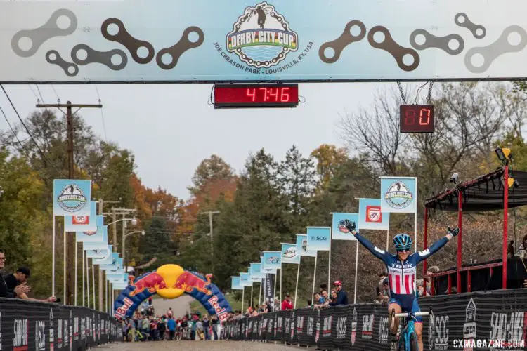 Katie Compton celebrates her win on Saturday. 2017 Derby City Cup. © D. Perker / Cyclocross Magazine