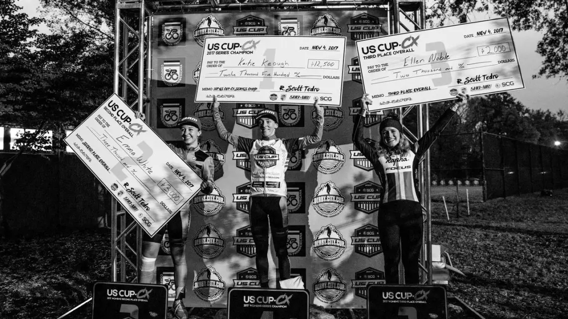 Kaitie Keough, Emma White and Ellen Noble took home checks for finishing in the top three in the US Cup-CX series. 2017 Derby City Cup. © D. Perker / Cyclocross Magazine