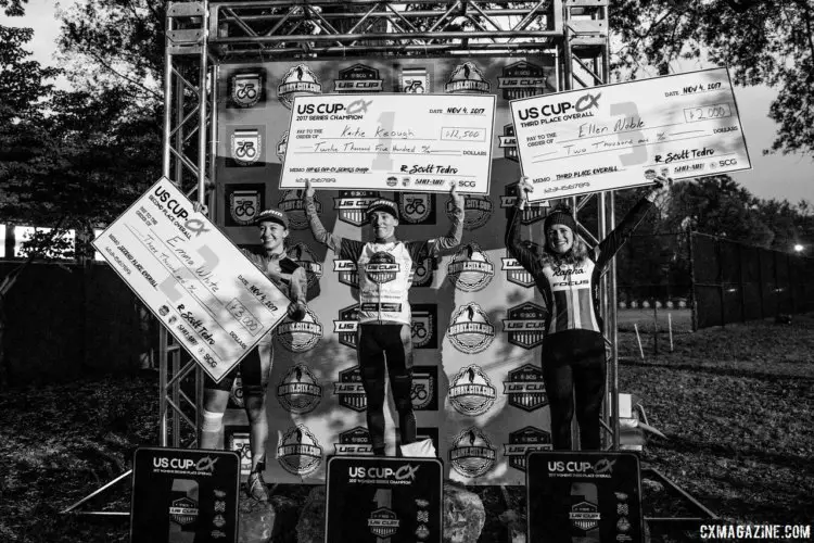 Kaitie Keough, Emma White and Ellen Noble took home checks for finishing in the top three in the US Cup-CX series. 2017 Derby City Cup. © D. Perker / Cyclocross Magazine