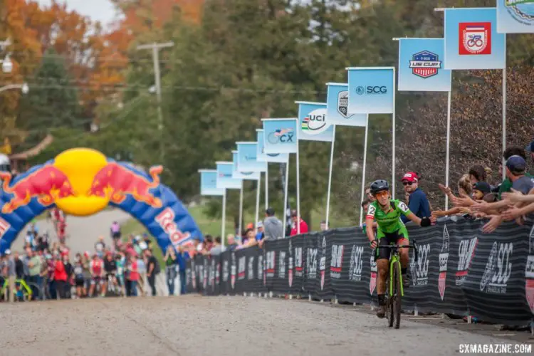 Kaitie Keough celebrates her second-place finish and US Cup-CX win. 2017 Derby City Cup. © D. Perker / Cyclocross Magazine