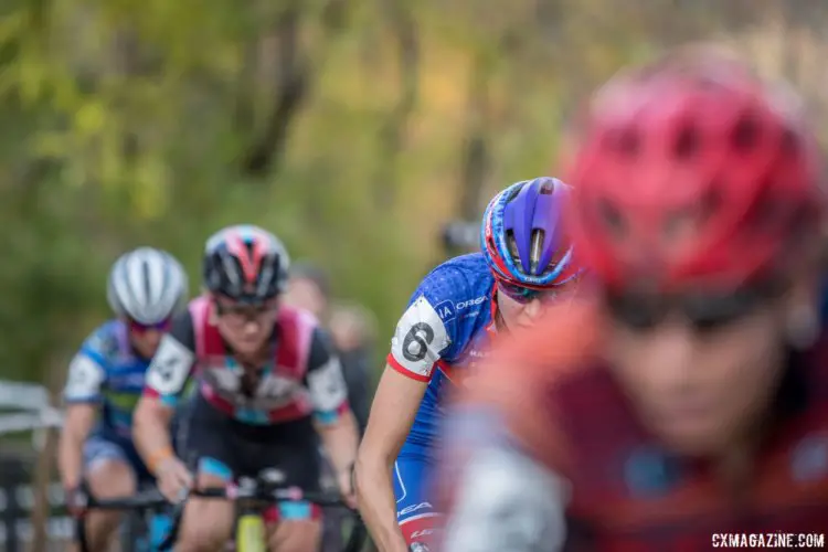 Rebecca Fahringer had an early advantage in the chase while Maghalie Rochette focuses on chasing. 2017 Pan-American Championships. © D. Perker / Cyclocross Magazine