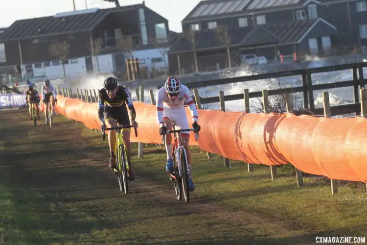 Mathieu van der Poel and Toon Aerts battled into the mid part of the race. 2017 Bogense World Cup. © B. Hazen / Cyclocross Magazine