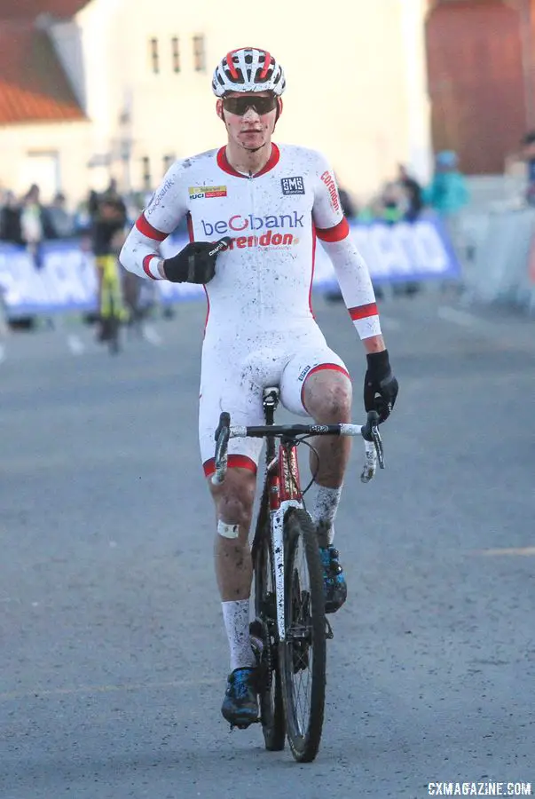 Mathieu van der Poel celebrates his fourth World Cup win this season. 2017 Bogense World Cup. © B. Hazen / Cyclocross Magazine